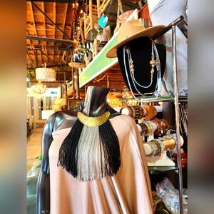 Hand Hammered Brass, White and Black Beaded Statement Necklace